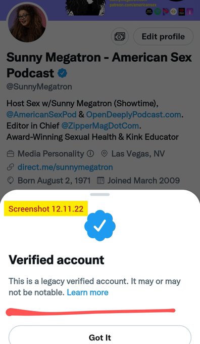 Did Elon just neg me?😂  11/9 I was "notable." Now I'm legacy verified but maybe not notable.  But aren't<a href="/tag/nationalkinkmonth"class="tags"><span>#nationalkinkmonth</span></a><a href="/tag/kinktober"class="tags"><span>#kinktober</span></a><a href="/tag/nationalkinkda"class="tags"><span>#nationalkinkda</span></a>