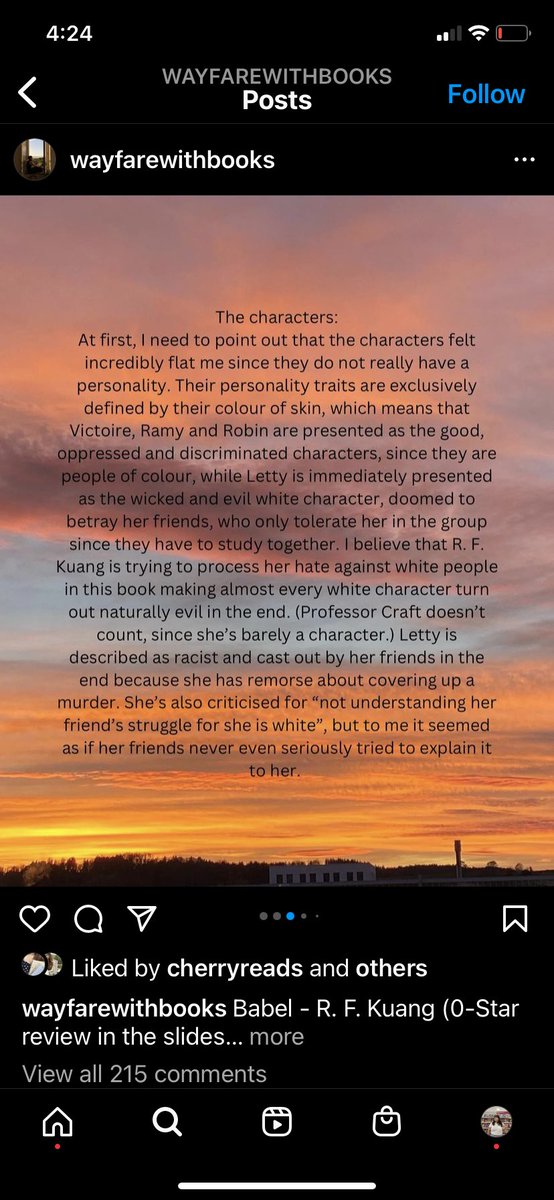 novelswithalex's tweet photo. this fucking babel review by wayfarewithbooks on instagram is absolutely wild. the way she misappropriates words like “harmful” and “problematic” and “toxic” boggles the mind. just say you want a book that doesn’t challenge the way you benefit from racism. https://t.co/gar7NRAm5D
