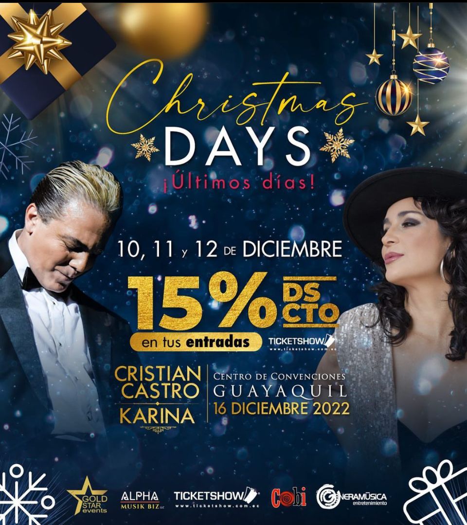 ¡Regálate una noche de estrellas! ✨🎙️✨
El mejor regalo de navidad te lo vas a dar este 16/dic🎄🎼 Ya faltan pocos días para este gran concierto ¡Cristian Castro y Karina! Últimas entradas disponibles 🎟️ Compra ya en ticketshow.com.ec o en tiendas físicas