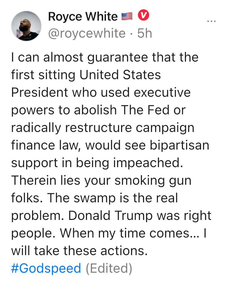 OCNJRich's tweet photo. Excellent point Royce White: “… the 1st POTUS who used exec powers to abolish The Fed or radically restructure campaign finance law, would see bipartisan support in being impeached. The swamp is the real problem. Donald Trump was right people. #Godspeed”
@OCNJ_SDRich https://t.co/UXlTirBJwQ
