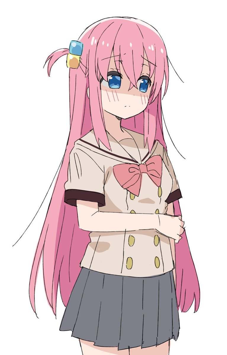 gotou hitori 1girl solo cube hair ornament pink hair school uniform skirt long hair  illustration images