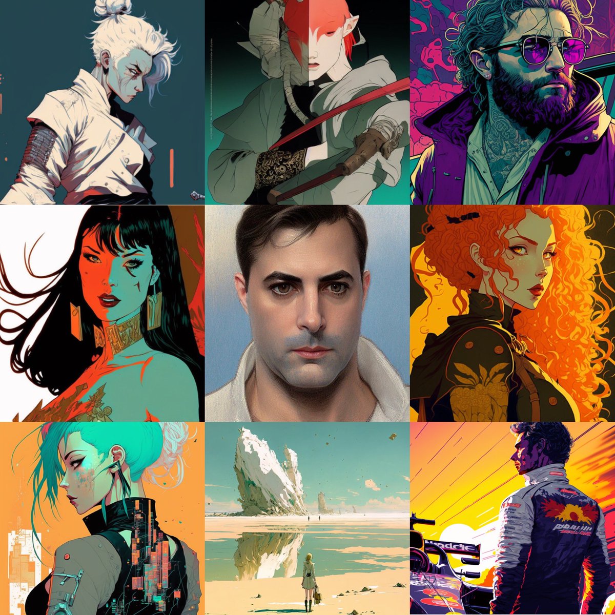 Art vs. Artist. Though tbh none of the art here was created by me, it’s taken from the #midjourney discord based on prompts using my name. To be fully transparent I should mention as well that the picture in the center is me as much as the art is🤖 #artvsartist2022 #aiart