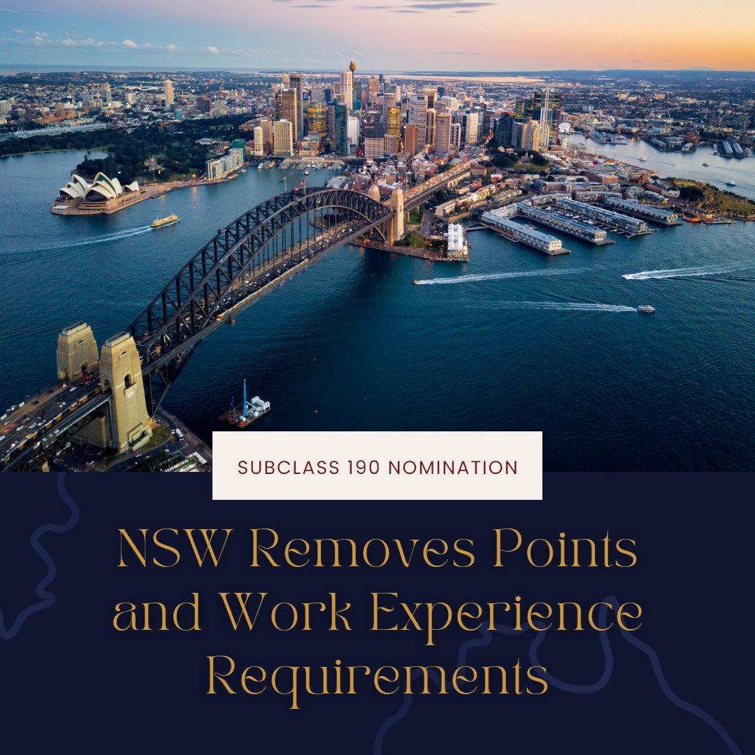 Great news! 🥳

Exciting news! #NSW has removed the points and work experience requirement for #Subclass190 Nomination, thanks to the increased availability of the Skilled Independent visa (subclass 189) from the Department of Home Affairs.