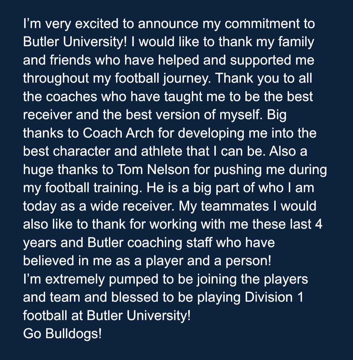 💙!Committed!🤍 <a href="/ButlerUFootball/">Butler Football</a> Thank you <a href="/CoachRayHolmes/">Ray Holmes</a> @CoachU_BU for this opportunity and let’s get to work! <a href="/SVFootballCoach/">Pat OBrien</a> <a href="/TNTignite/">TNT Ignite</a>