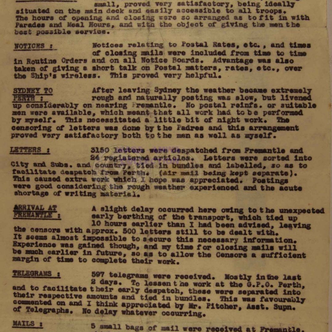 WamdlP's tweet photo. Pte Percival Cocker

Report by the Postal Officer onboard describing the volume of letters received, censored, and processed during the journey from Sydney to Perth totalling 3150 letters, 24 parcels, and 507 telegrams.

https://t.co/42g2UaCVb4
=COCKER,_Percival_Thomas_-_WX14673 https://t.co/cq994WzSzd