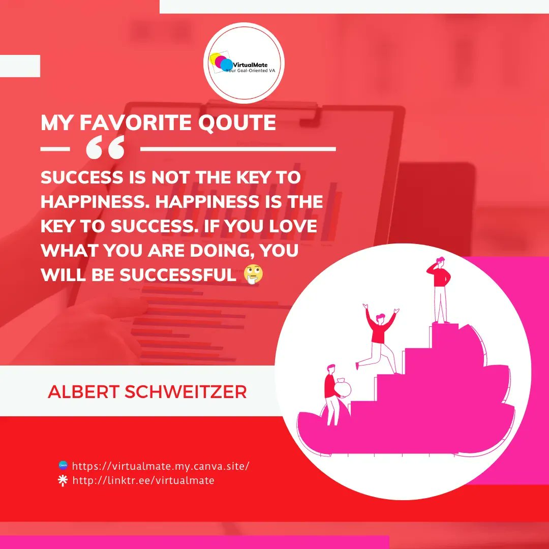 VirtualMate1's tweet photo. 𝐌𝐲 𝐅𝐚𝐯𝐨𝐫𝐢𝐭𝐞 𝐐𝐮𝐨𝐭𝐞 
Success is not the key to happiness.  Happiness is the key to success. If you love what you are doing,  you will be successful🗣️                                                                 Click the link in my bio for info.
#virtualjobs https://t.co/mXZpJSE3H7