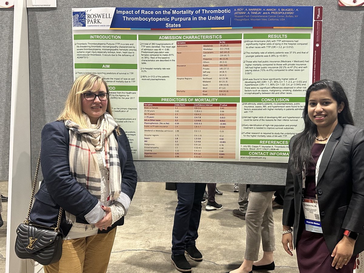 Congrats ⁦<a href="/royaryam/">Arya Roy</a>⁩ presenting our work demonstrating the impact of race on mortality in TTP ⁦<a href="/RoswellPark/">Roswell Park</a>⁩ #ASH22