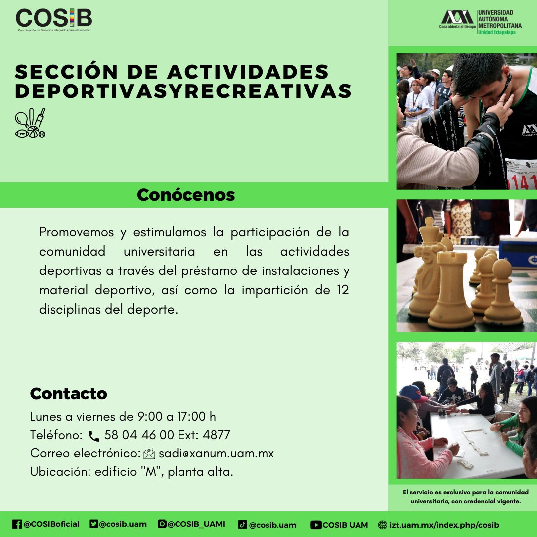 COSIB_UAMI's tweet photo. #ActividadesDeportivasUAM 🏀🥋🏐🏃🏻⚽
¿Sabías que la #UAMI ofrece más de 12 disciplinas del deporte? Tú puedes ser parte alguna de ellas. Conoce más sobre nosotros👉🏻 https://t.co/8axkjwM33c
#Deporte #SaludFísica #COSIB https://t.co/XRcZwYF3xm