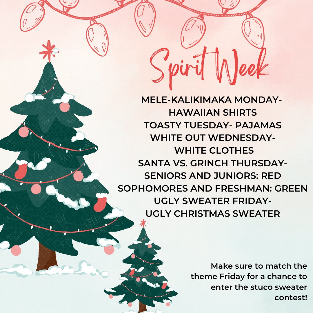 Happy Holidays CHS! We’re so excited to announce this week’s themes! If you’re interested in joining the contest Friday, make sure to wear an ugly sweater!!