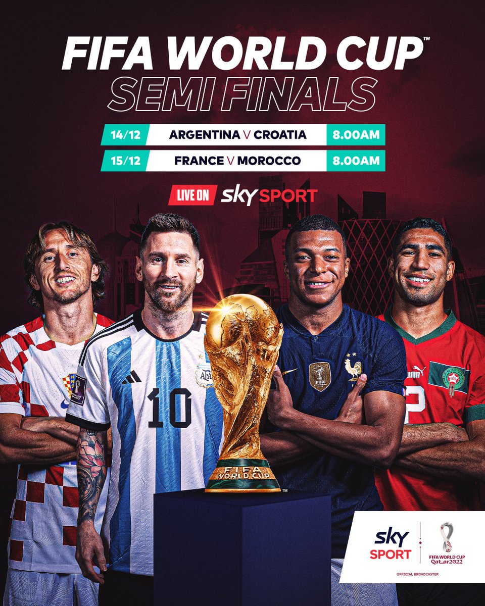 skysportnz's tweet photo. 🇦🇷🇭🇷🇫🇷🇲🇦 AND THEN THERE WERE FOUR! 💥💪 

Who are you backing to lift the #Qatar2022 #FIFAWorldCup? 🏆⚽ 

Catch all the action LIVE on #SkySportNZ https://t.co/D27nnBfuoh