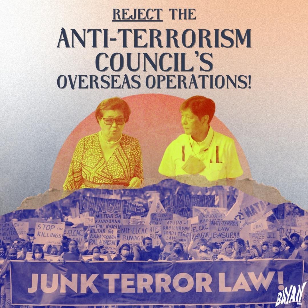 anakbayanqueens's tweet photo. Repost from @BAYAN_USA : Reject the Anti-Terrorism Council’s Overseas Operations! 

BAYAN USA condemns in the strongest terms the Philippine state’s aggressive implementation of the Anti-Terrorism Act (ATA) overseas.

#AbolishNTFELCAC #JunkATA #AbolishATC #ActivismIsNotTerrorism https://t.co/w1uS5H58Cd