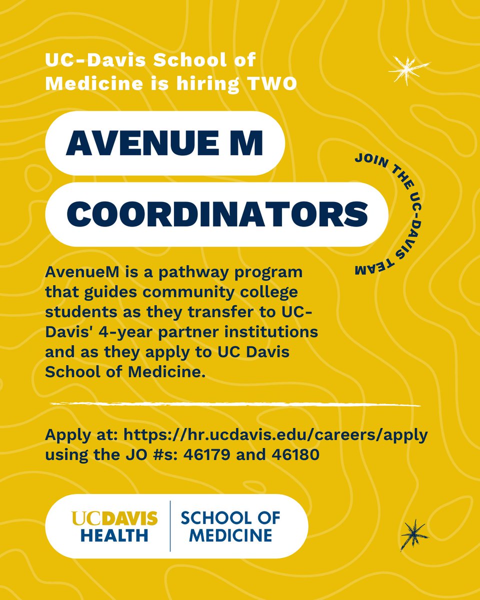 We're hiring two Outreach Coordinators!

Do you like:
🩺 supporting undergraduate learners interested in medicine
🩺 coordinating outreach to underrepresented students
🩺 mentoring healthcare professionals

Please apply at hr.ucdavis.edu/careers/apply!