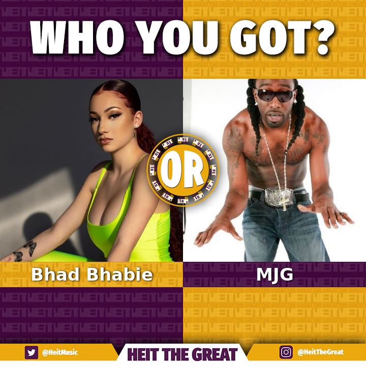 HeitMusic's tweet photo. Bhad Bhabie or MJG? Who's the better RAPPER? #bhadbhabie #mjg #HipHop #Rap #HeitTheGreat *rappers randomly generated* https://t.co/xppLWAvzdZ