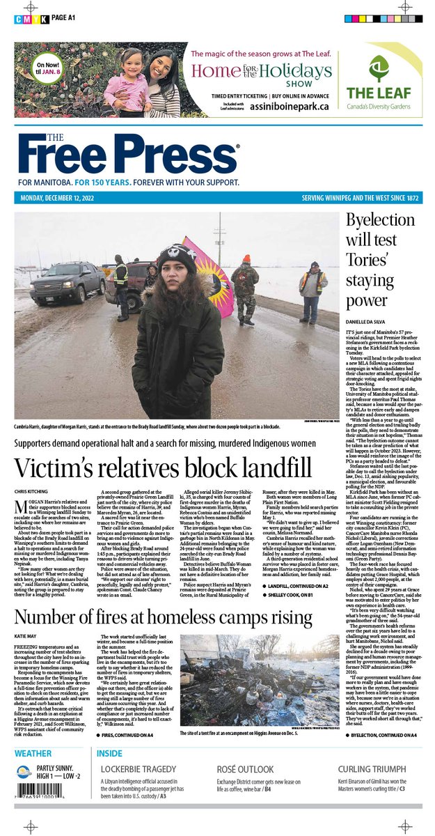 On the front page of Monday's @WinnipegNews : Supporters demand operational halt and a search for missing, murdered Indigenous women #wfp