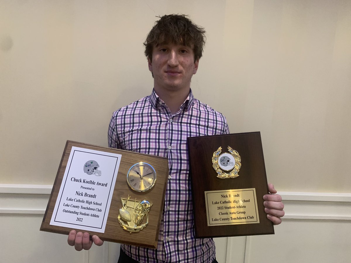 The winner of the 2022 Chuck Koelble Award Lake county touchdown club student-athlete award is <a href="/LCCougarFB/">Lake Catholic Football</a> Nick Brandt.