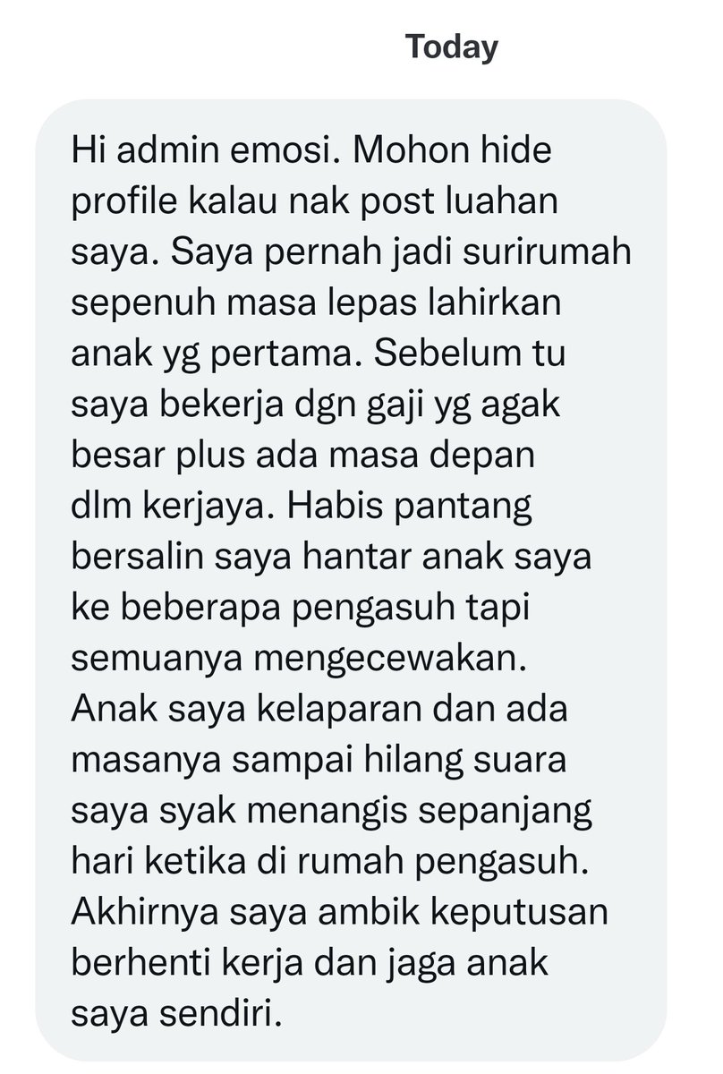 ConfessTweetMY's tweet photo. Isteri trauma menjadi surirumah setahun. Suami jadi pemarah, kerap sindir isteri.

Apabila isteri kembali bekerja, suami mula berbaik semula. https://t.co/Tw5KBLCK4E
