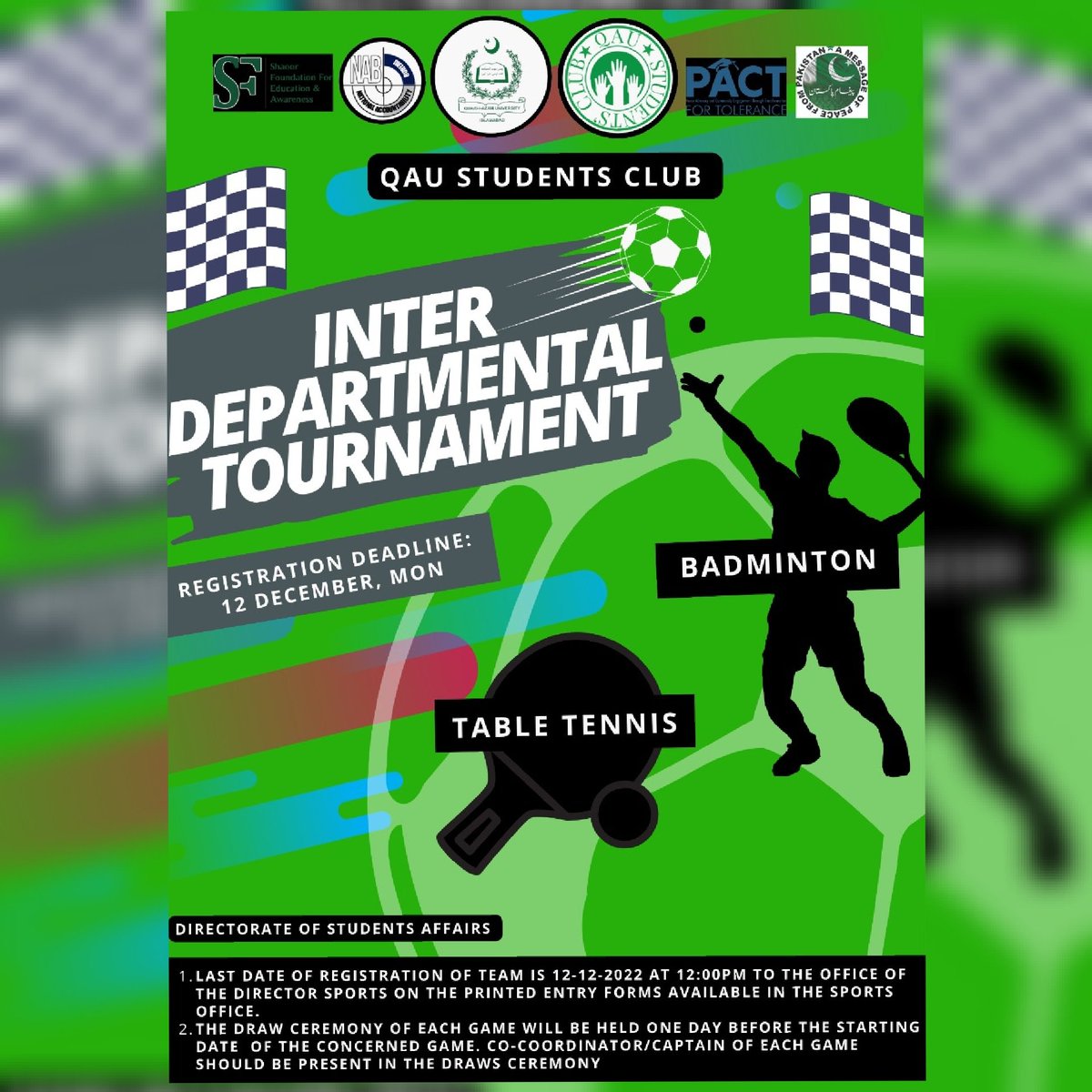 QSC_QAU's tweet photo. Interdepartmental Badminton and Table Tennis Tournaments 🏸🏓
Register by Monday 12th December 2022 https://t.co/qEuINDBHGM