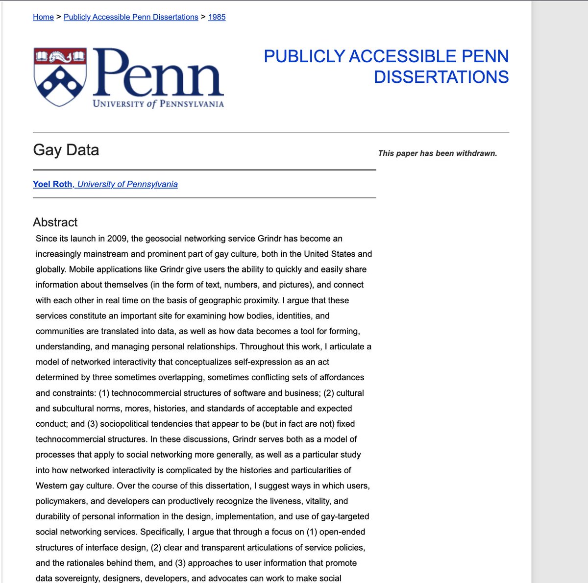 DarrenJBeattie's tweet photo. BREAKING: @Penn just removed Yoel Roth's dissertation on gay sex dating apps

What are they trying to hide? 

Why don't they want people to read it? https://t.co/jWhR8vxGIe