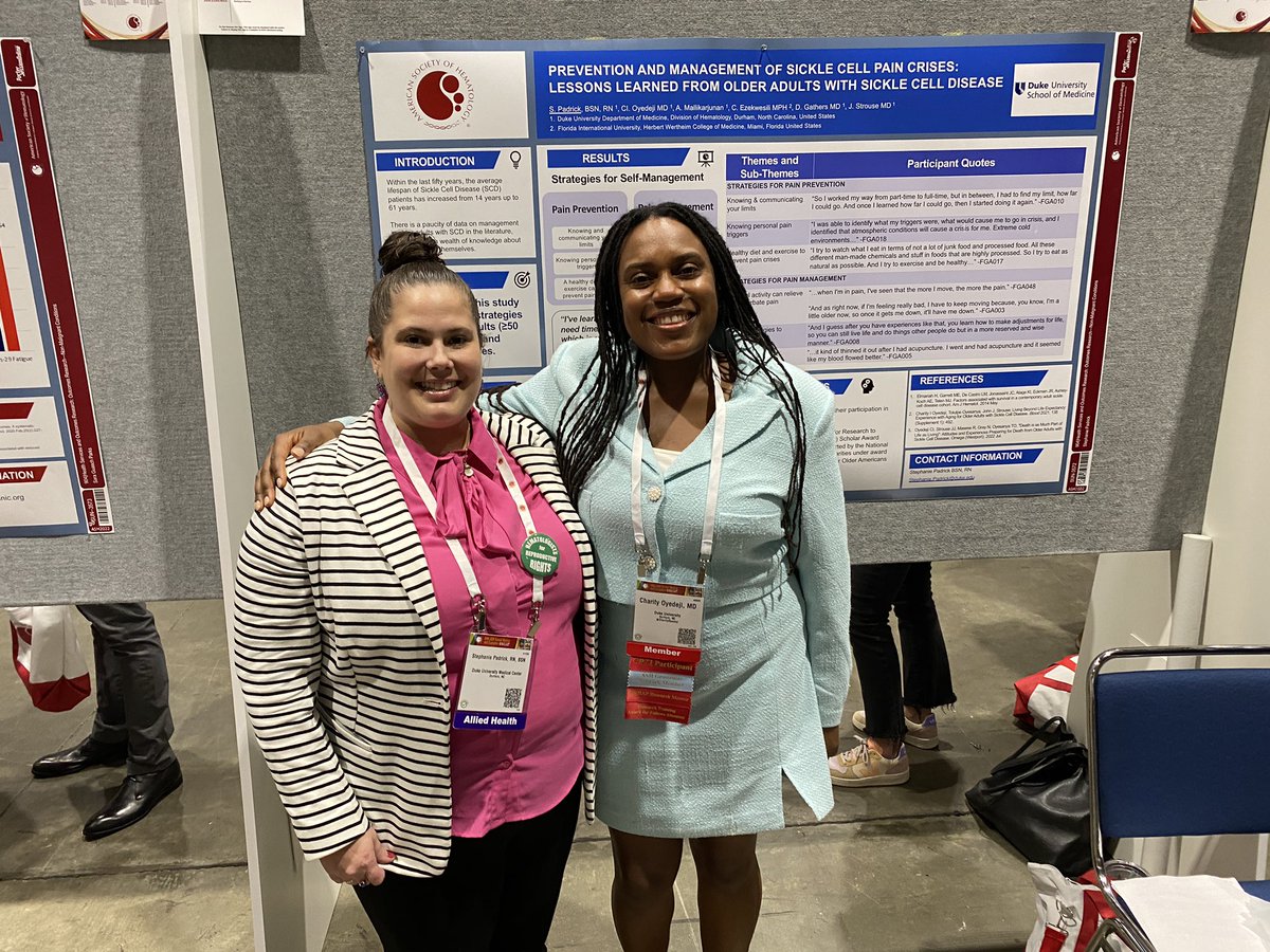 Excellent qualitative work from our research team. Great presentation by Stephanie Padrick, BSN at #ASH2022 on experience with preventing and self-managing pain in older adults with sickle cell disease!