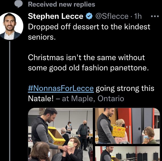 Dear <a href="/Sflecce/">Stephen Lecce</a>, 

When you visit the Nonnas please be respectful and wear a mask to help protect these precious elders. They and their loved ones deserve this consideration.