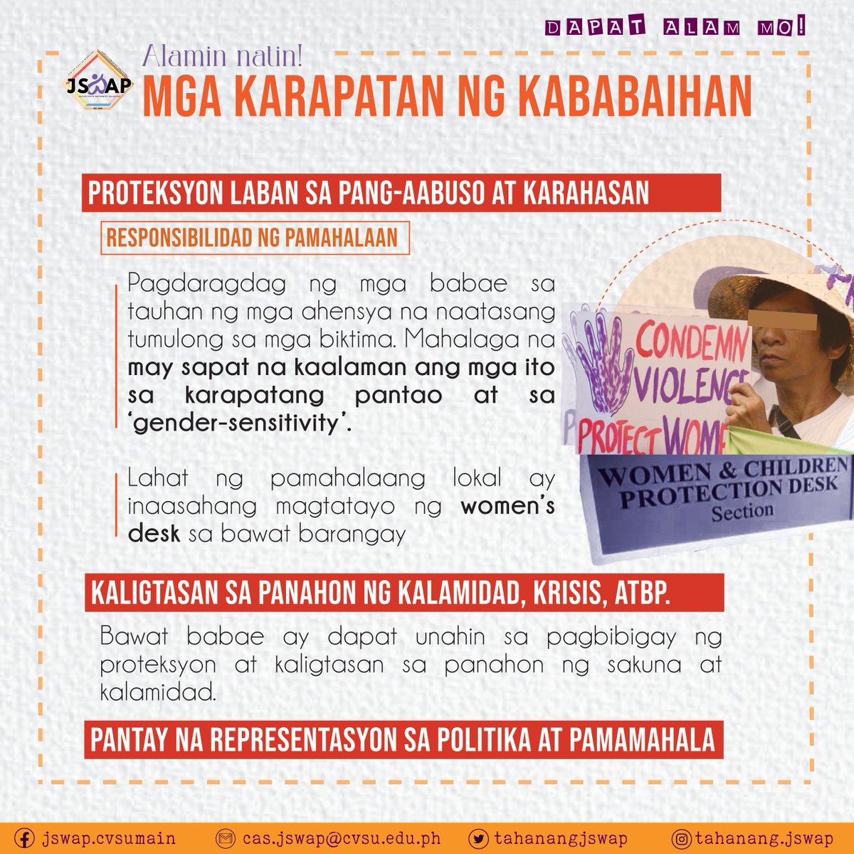 TahanangJSWAP's tweet photo. at maitaguyod ang pagkakapantay- pantay ng mga babae at lalaki sa lahat ng bagay.

Gusto mo bang madagdagan pa ang iyong kaalaman patungkol dito? Halina at sabay sabay nating alamin ang iba pang mahahalagang bahagi ng batas na ito + https://t.co/MZEKuoYLN3