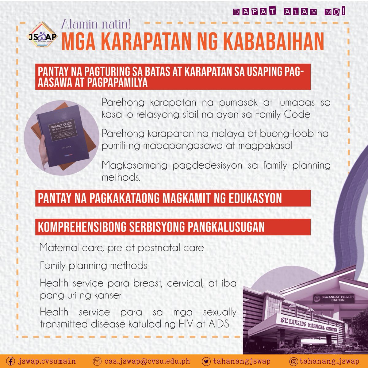 TahanangJSWAP's tweet photo. at maitaguyod ang pagkakapantay- pantay ng mga babae at lalaki sa lahat ng bagay.

Gusto mo bang madagdagan pa ang iyong kaalaman patungkol dito? Halina at sabay sabay nating alamin ang iba pang mahahalagang bahagi ng batas na ito + https://t.co/MZEKuoYLN3