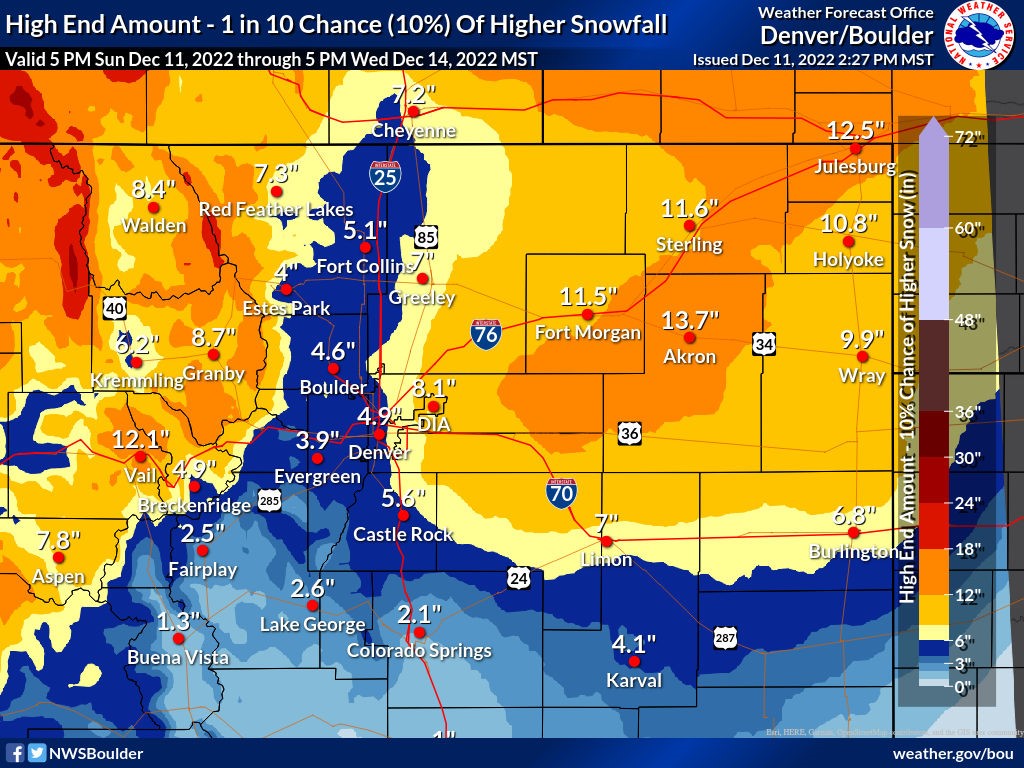 NWSBoulder's tweet photo. Best estimate snowfall for the upcoming winter storm below, along with low/high end potential amounts. 

High confidence: Significant travel impacts for NE plains, mountains. Whiteout/blizzard conditions Tue for parts of the plains. 

Low confidence: Snowfall amounts (1/3) #COwx https://t.co/OptReAvlzG