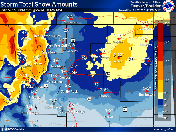 NWSBoulder's tweet photo. Best estimate snowfall for the upcoming winter storm below, along with low/high end potential amounts. 

High confidence: Significant travel impacts for NE plains, mountains. Whiteout/blizzard conditions Tue for parts of the plains. 

Low confidence: Snowfall amounts (1/3) #COwx https://t.co/OptReAvlzG