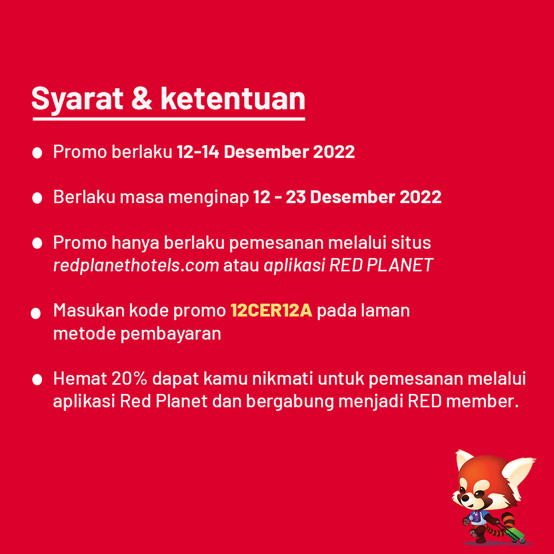 redplanetid's tweet photo. Dua belas Dua belas! Akhir tahun sudah mau habis, pesan sekarang dan hemat 20% dengan menggunakan kode promo 12CER12A. 

Promo valid hingga 14 Desember 2022
Periode menginap hingga 23 Desember 2022

Pesan langsung melalui situs https://t.co/P1m3dFk6hB atau aplikasi RED PLANET. https://t.co/UJjEtTJZBO