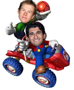 Matty and geekie heads photoshopped on a mario kart image Matty is Mario and geekie is Luigi