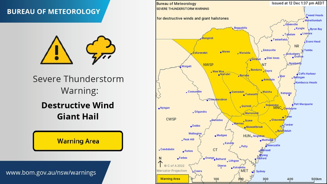 Severe thunderstorm warning: a risk of giant of hailstones now included for parts of the Mid North Coast, Hunter, North West Slopes and Plains and Northern Tablelands districts. Damaging to locally destructive winds, large hail also in the warning. See: ow.ly/AjvT50M0xRx