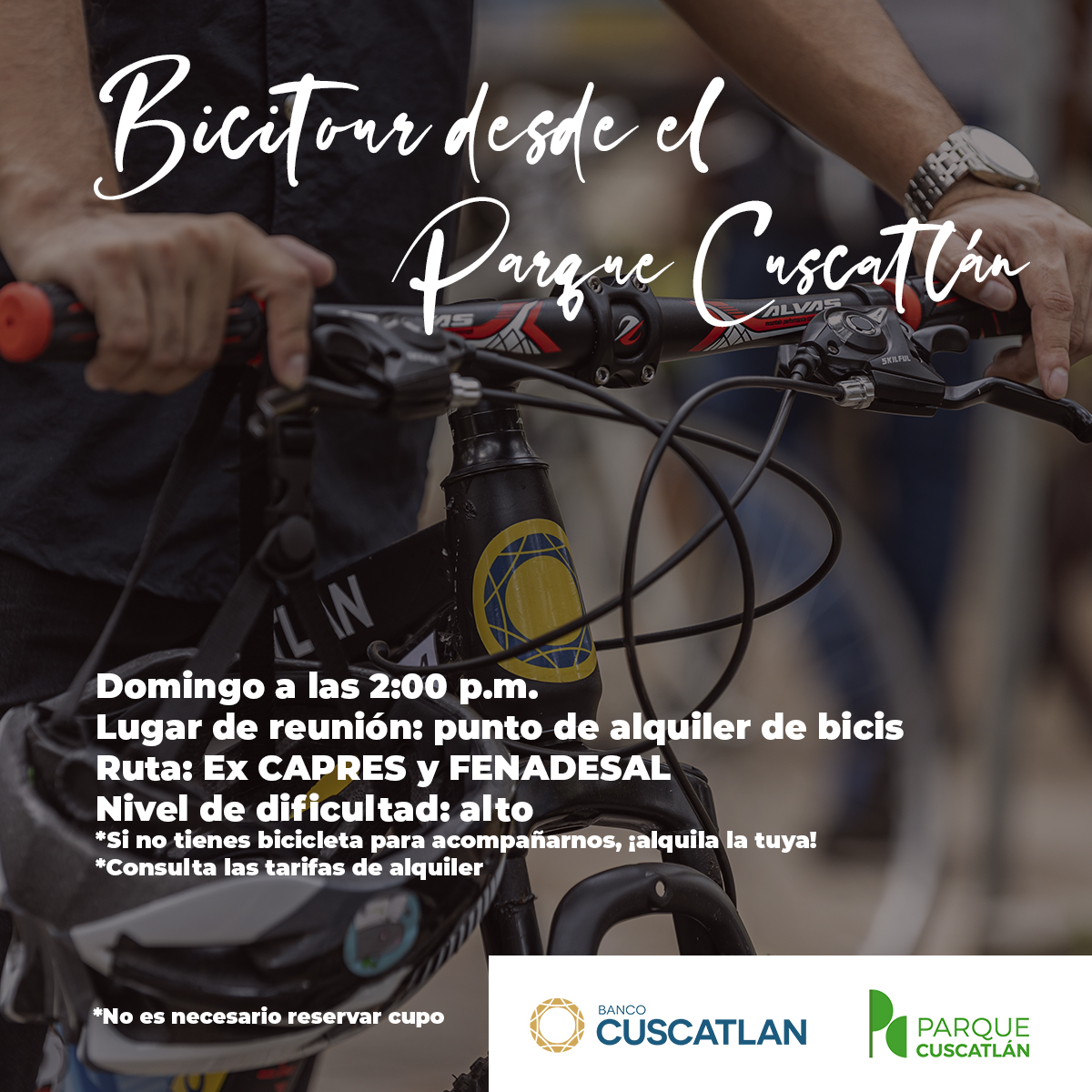 🚲¡Último bicictour del año!

🕑 Horario: 2:00 p.m. | 📍 Lugar de reunión: punto de alquiler de bicicletas.
📌Ruta: Ex CAPRES y FENADESAL.
📌Nivel de dificultad: alta.

#LugarDeCosasPreciosas.