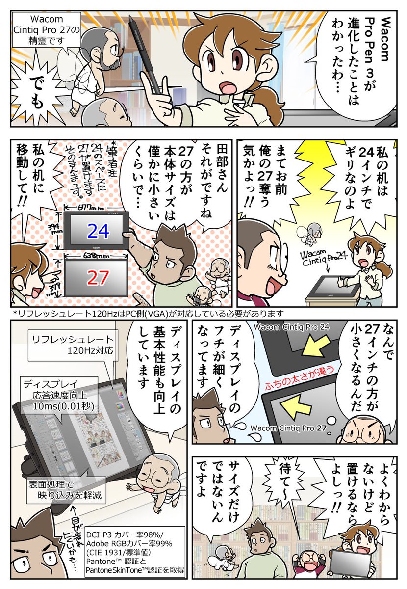 27インチの新製品 #WacomCintiqPro27✨
広い液晶画面&ベゼルを抑えた本体は
Wacom Cintiq Pro 24とほぼ同じサイズ感💡
ペン先も従来のWacom Pro Pen 2に比べてスリムになったので
描画の線が見やすくなりましたよ👀
クリエイターレビューも公開中👇
https://t.co/xsxEthEus2
#ペンタブまんが