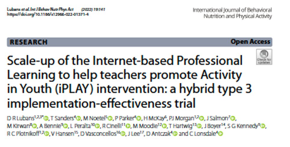 David Lubans (@davidlubans) on Twitter photo One of the largest and most comprehensive evaluations of a whole-of-school PA intervention- <a href="/IJBNPA/">IJBNPA</a>. We scaled-up iPLAY (with high fidelity) to reach >30,000 students (115 schools). Thanks to everyone involved. Co-lead by <a href="/lonsdale_c/">Chris Lonsdale</a> and <a href="/davidlubans/">David Lubans</a>
LINK: rdcu.be/c1qbu One of the largest and most comprehensive evaluations of a whole-of-school PA intervention- <a href="/IJBNPA/">IJBNPA</a>. We scaled-up iPLAY (with high fidelity) to reach >30,000 students (115 schools). Thanks to everyone involved. Co-lead by <a href="/lonsdale_c/">Chris Lonsdale</a> and <a href="/davidlubans/">David Lubans</a>
LINK: rdcu.be/c1qbu