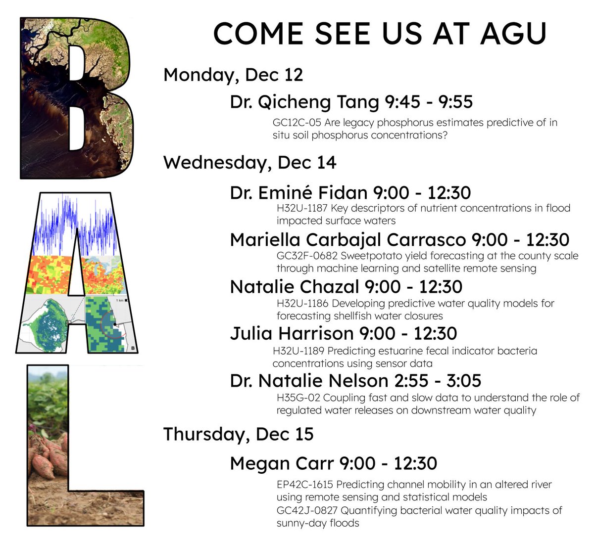 Super jazzed to be presenting my poster on Wednesday! Come see the Biosystems Analytics Lab represent at #AGU22 !