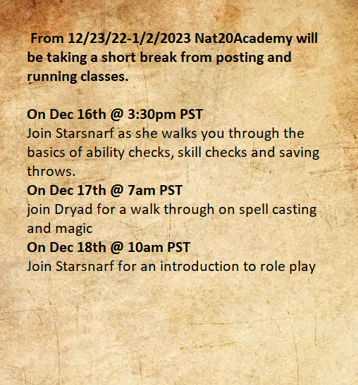 Nat20Academy's tweet photo. Happy holidays everyone! Here is this weeks schedule and a small announcement. Join our Discord https://t.co/TCJg2fdenE and message the instructor to join their class. We'd love to have you in the server!
#ttrpg #dnd5e #dnd https://t.co/sT2ZLWTDIL