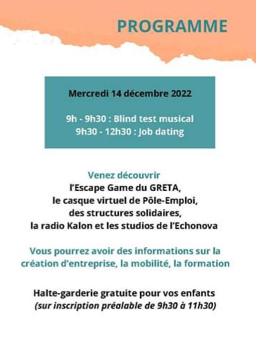 J-3... venez avec vos connaissances  musicales et votre CV -> mercredi, c'est #JOBDATING à l'echonova !
Escapegame, Casque virtuel, Sudio d'enregistrement, Web radio... 😮👍