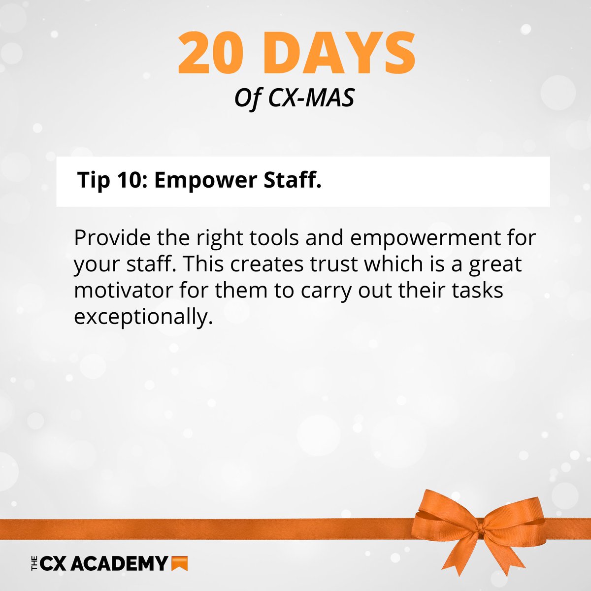 TheCXAcademy1's tweet photo. β‘ Tip 10: Empower Staff
Without your staff your business wouldn't be able to function well. Remember that and always show your appreciation and reward them for their achievements.
#cxmas #cxleaders #customerexperience #empowerment #business https://t.co/7qi86Iv5rS