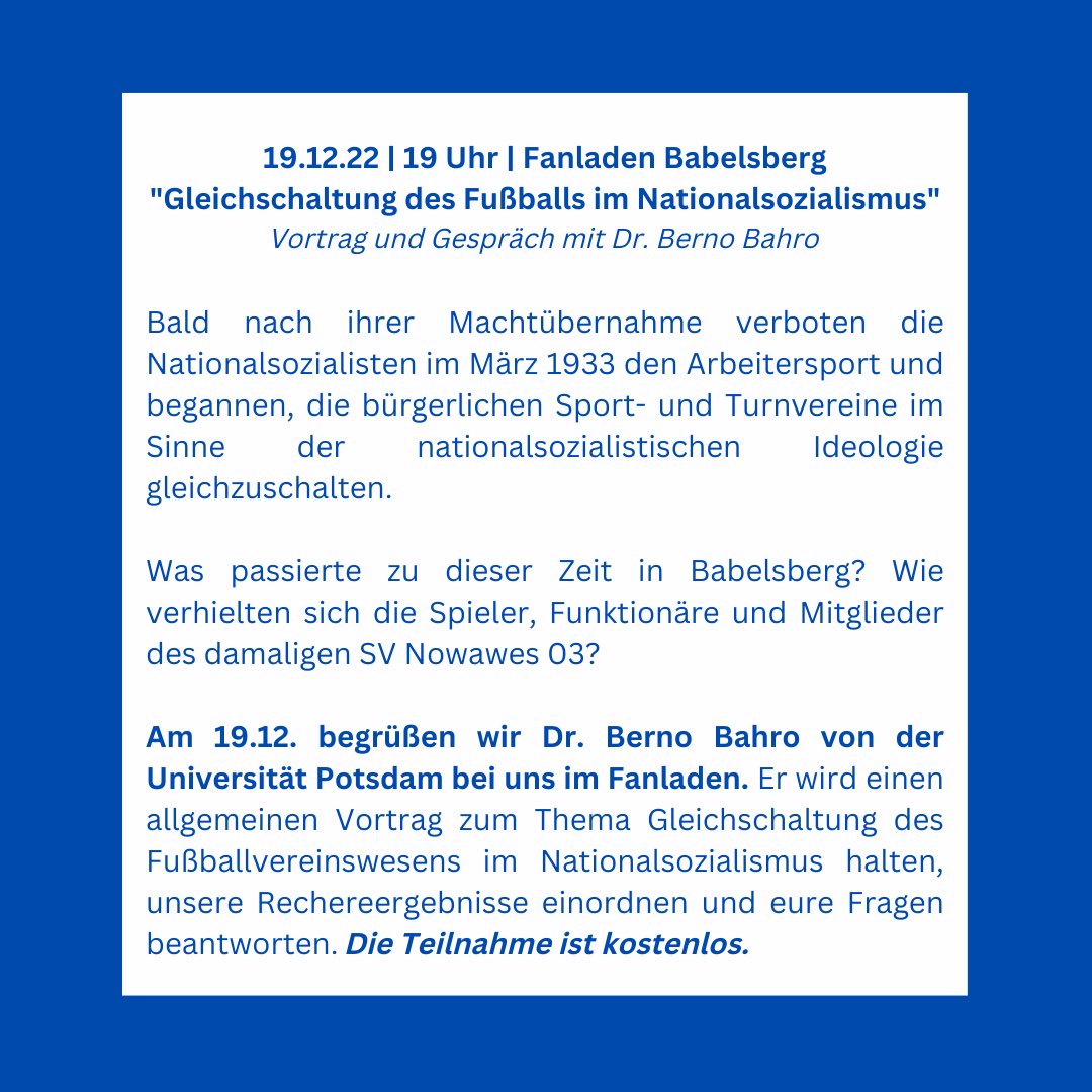 Heute in einer Woche starten unsere Themenabende 🔍 Auch bei 03 wurde bereits im Mai 1933 das „Führerprinzip“ eingeführt. Ab 1936 übernahm der SA-Funktionär Dr. Walther Sehring die Vereinsführung. Hätte es dazu Alternativen gegeben? U.a. diese Frage wollen wir mit B. Bahro klären