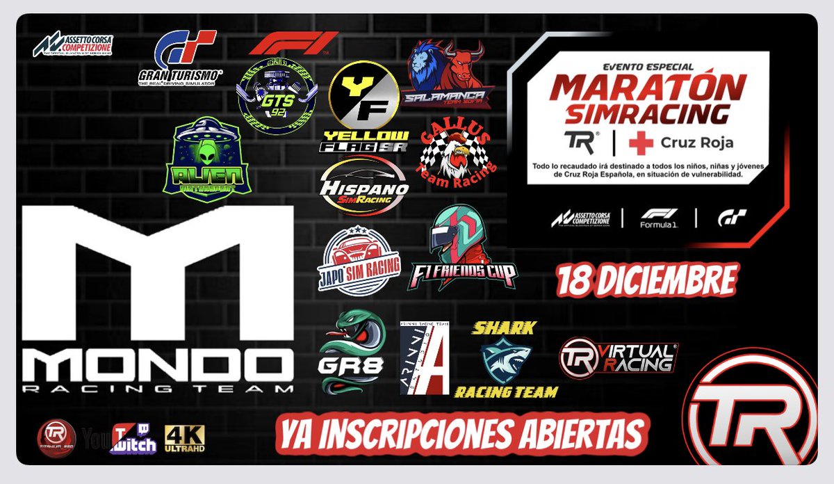 Y el equipo de PC <a href="/mondoracingteam/">Mondo Racing Team</a>  se une al benéfico.. ya queda menos de una semana para correr. Ultimas plazas disponibles en las 3 carreras independientes de la #MaratónSimRacing inscripciones forms.gle/UbZWkGqtDLiR7W…  emisión twitch.tv/titanium__red