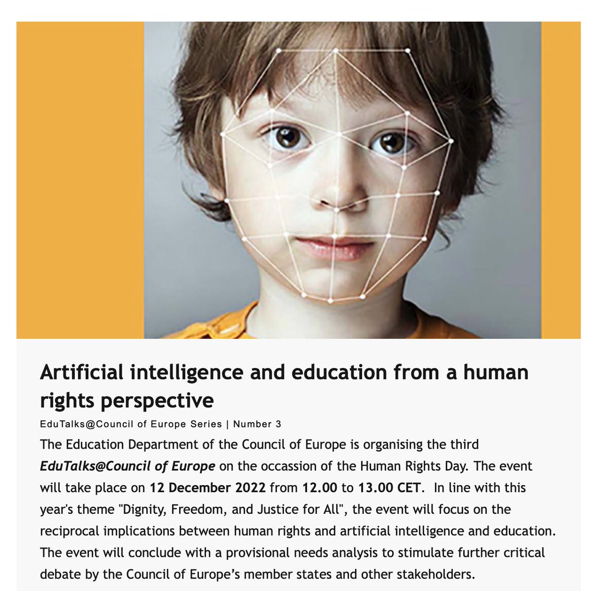 #ArtificialIntelligence and #Education from Human Rights Perspective 

#HumanRights #HumanCapacity #Edtech #AIed #EducationalChange #SmartEducation #SDG4 @EUDigitalEdu @DigiGenEurope @eddiged @EUdlearn @AllDigitalEU 

Information and registration: rm.coe.int/go-digital-new…