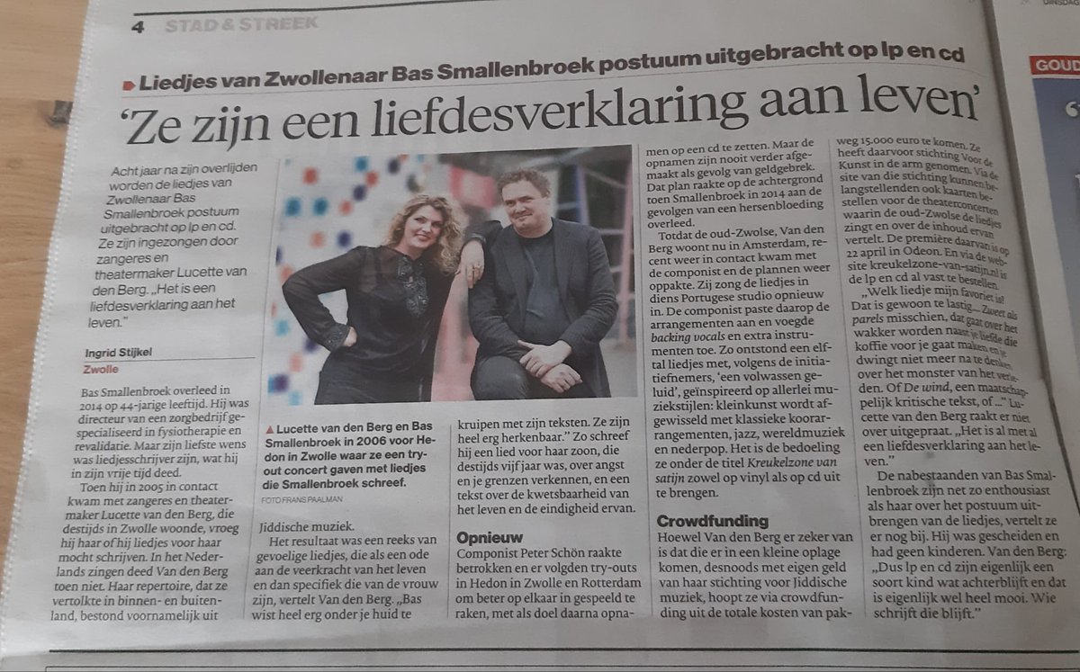 Vorige week stonden we in de krant! Dat Kreukelzone van satijn heel bijzonder is, werd zelfs opgepakt door De Stentor in Zwolle. 
Onze Voor de Kunst crowdfunding heeft nu al 60 % gehaald. Help je ook mee, om van deze mooie muziek een LP te laten persen?