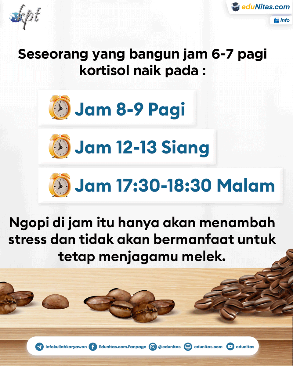 edunitas's tweet photo. Minum kopi atau minuman lain yang mengandung kafein sebaiknya disesuaikan dengan ritme atau jam biologis yang mengatur kapan saat tidur, makan, sampai mengendalikan hormon stres dalam tubuh yang biasa disebut 'kortisol'.
#kortisol #kopi #edunitas #kuliahkaryawan #kelaskaryawan https://t.co/sfUpaW9UH6