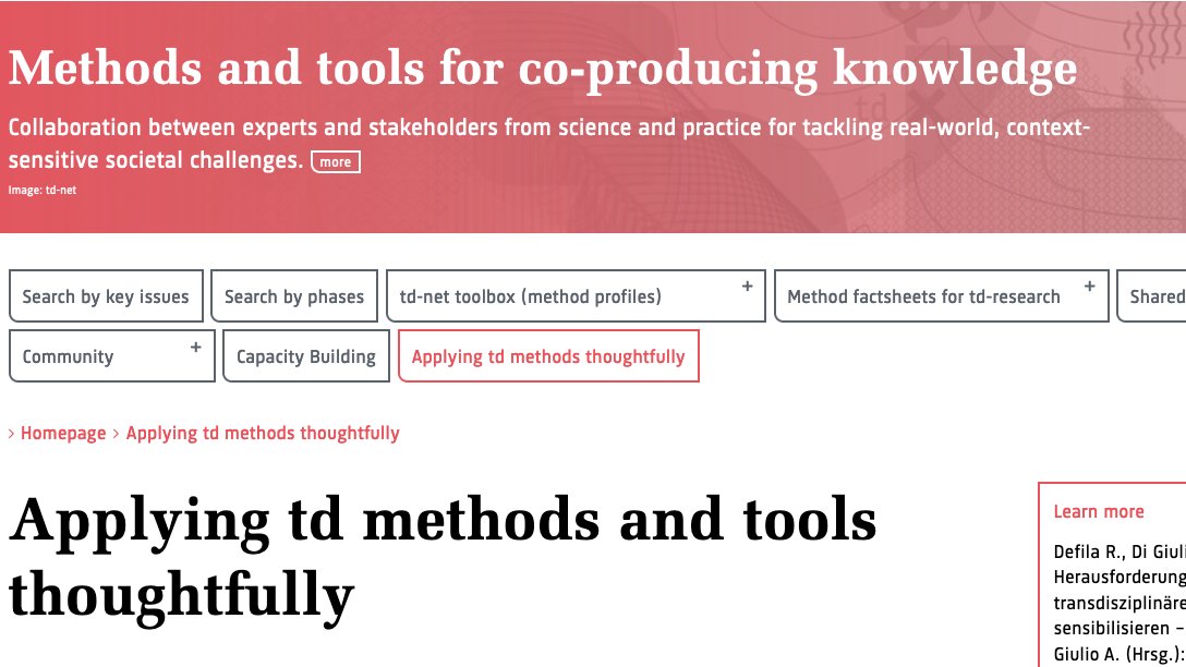 tdnetCH's tweet image. Methods matter - But what else is needed for effective #transdisciplinary #research ? &quot;Applying #tdmethods and tools thoughtfully&quot; supports researchers in developing a professional attitude when leading a process of #coproduction. go.transdisciplinarity.ch/usetools