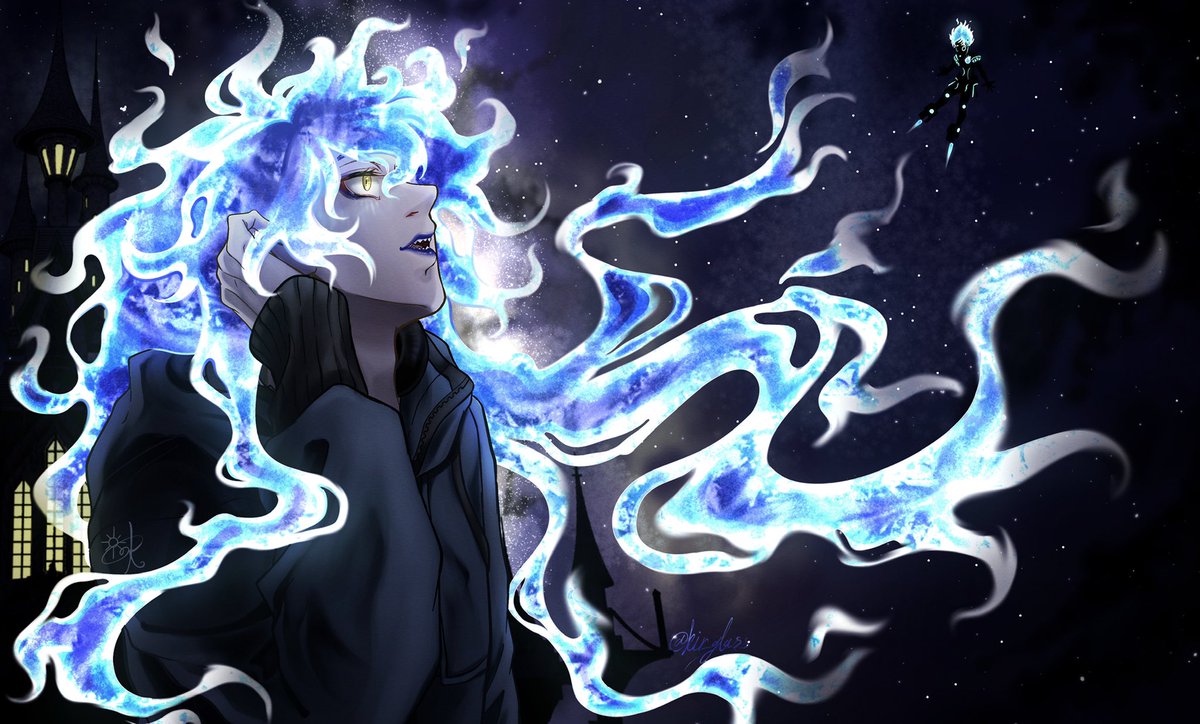 fiery hair long hair male focus yellow eyes blue hair star (sky) night  illustration images