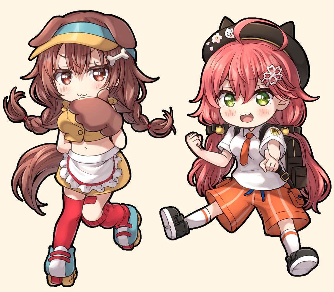 inugami korone ,sakura miko 2girls multiple girls bone hair ornament dog ears brown hair :3 animal ears  illustration images