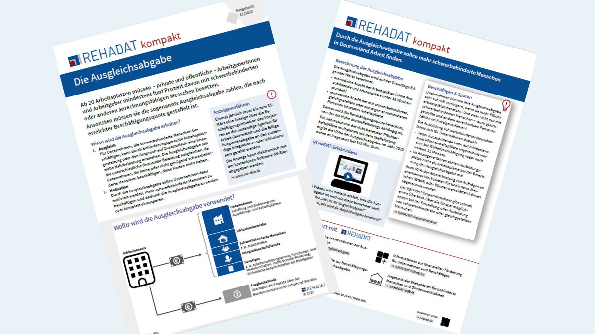 Das Thema #Ausgleichsabgabe kurz und knackig im neuen REHADAT-kompakt!
Lesen Sie, wieso die #Ausgleichsabgabe erhoben, wofür sie verwendet und wie sie berechnet wird. Und lernen Sie unseren Ersparnisrechner und Erklärvideos kennen.
➡️bit.ly/3YboCZ2
