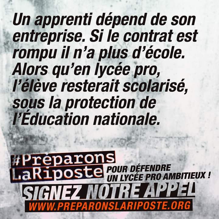 LP_PrepRiposte's tweet photo. Un apprenti dépend de son entreprise. Si le contrat est rompu il n’a plus d’école. Alors qu’en lycée pro, l’élève resterait scolarisé, sous la protection de l’Éducation nationale.

#PréparonsLaRiposte pour défendre un lycée pro ambitieux !

https://t.co/GyCrTt7e4t https://t.co/4M7Py6K0H7