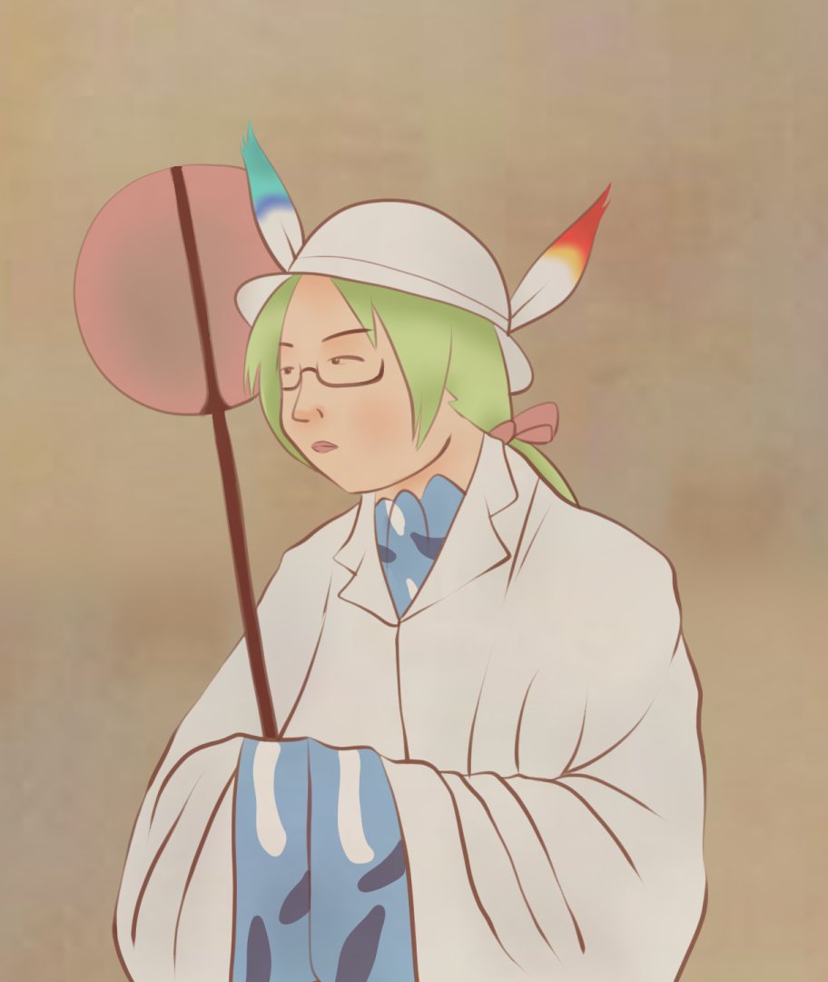 glasses hat feather green hair solo hat male focus 1boy  illustration images