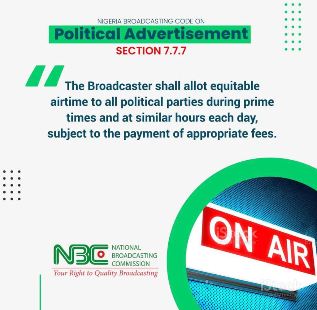nbcgovng's tweet photo. #broadcasting 
#Politicaladvertisement
#NBCode 
Guidelines on Political Advertisement as stipulated in the Nigeria Broadcasting Code. 
@NtaNewsnow @radionigeriahq 
@AIT_online 
@channelstv
@TVCconnect
@Arisetv 
@NigeriainfoFM
@voiceofnigeria 
@nannews_ng 
@SilverbirdTV https://t.co/XV6EfWjvWl